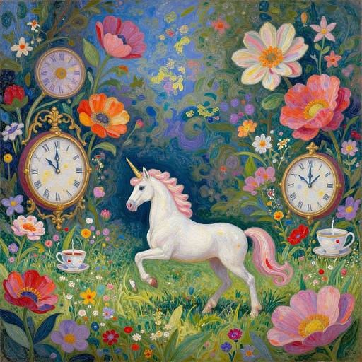 Whimsical digital art: white unicorn with pink mane and tail, surrounded by colorful flowers, clock faces, and teacups in a vibrant,