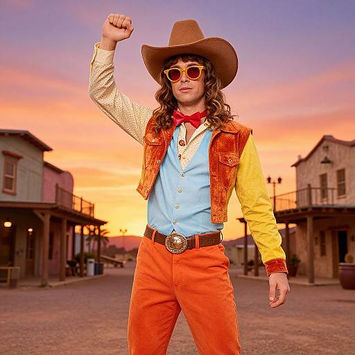 Photograph of a long-haired man in a brown cowboy hat, red sunglasses, orange pants, yellow shirt, and red vest, fist raised, against