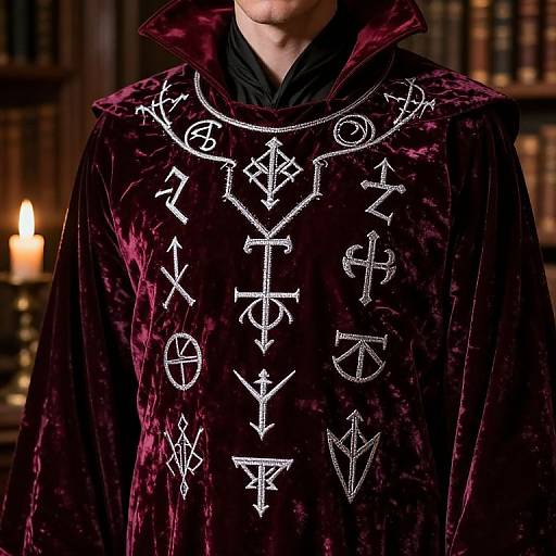 Photograph of a man in a dark red velvet robe with white magical runes and symbols, candlelit library background.