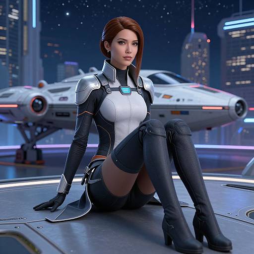 Futuristic Woman with Starship Background