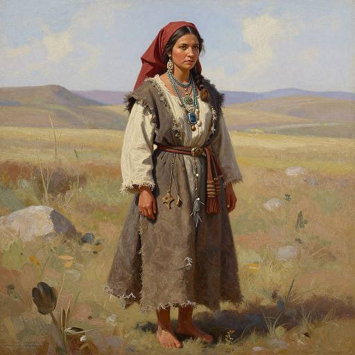Painting of a Native American woman in traditional attire, standing in a grassy field with mountains in the background, wearing a red headscarf,
