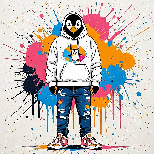 Cool Penguin in Hoodie with Paint Splatter Background