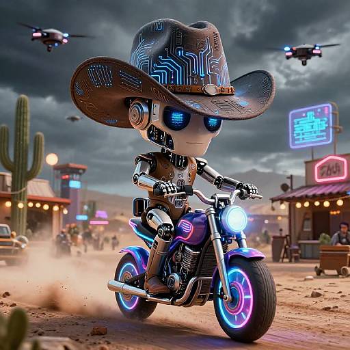 Digital art of a robotic, blue-eyed, chibi cowboy on a neon-lit motorcycle in a futuristic, dusty desert town at sunset.