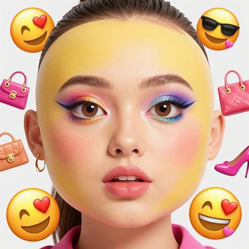 Digital portrait of a young woman with colorful eyeshadow, pink lips, and a smooth yellow face, surrounded by heart-eyed emojis, sunglasses, and