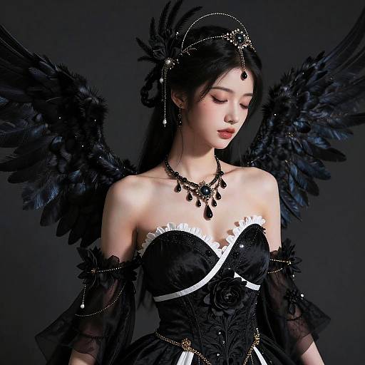Photograph of an Asian woman with black feather wings, wearing a black lace corset, white trim, black necklace, and headpiece, against a