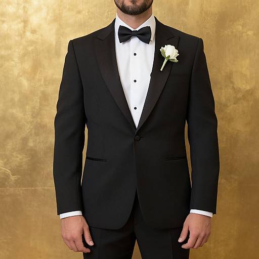Photograph of a bearded man in a black tuxedo with a white dress shirt, black bow tie, and white rose boutonnière