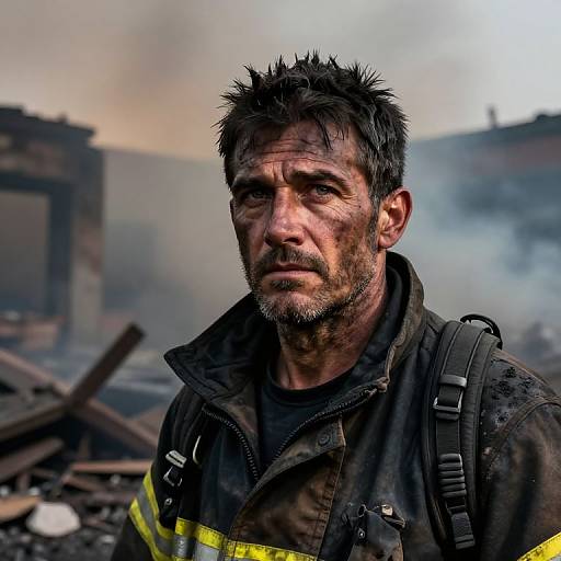 Photograph of a dirty, weary-looking male firefighter with spiky black hair, beard, and grim expression, standing amidst smoky rubble. Wearing