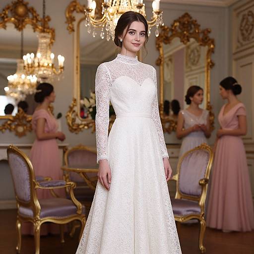 Photograph of a brunette bride in a lace, long-sleeve white wedding dress, standing in an ornate, gold-decorated room with