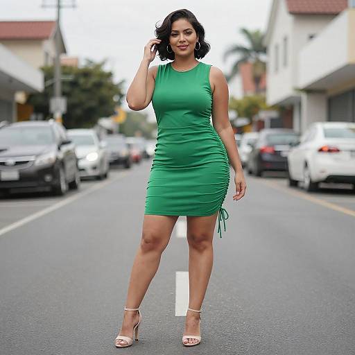 Confident Curvy Woman in Green Dress