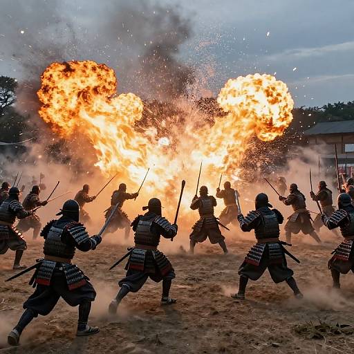 Photograph of Japanese samurai warriors in traditional armor, charging towards each other with bright, explosive fireworks in an open field at dusk.