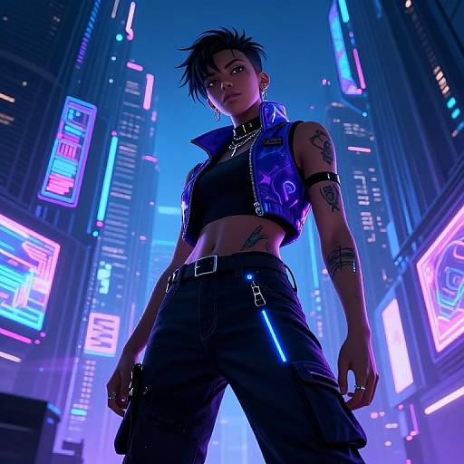 Cyberpunk female warrior with short black hair, tattoos, blue neon jacket, black pants, standing in a neon-lit futuristic city. Digital art