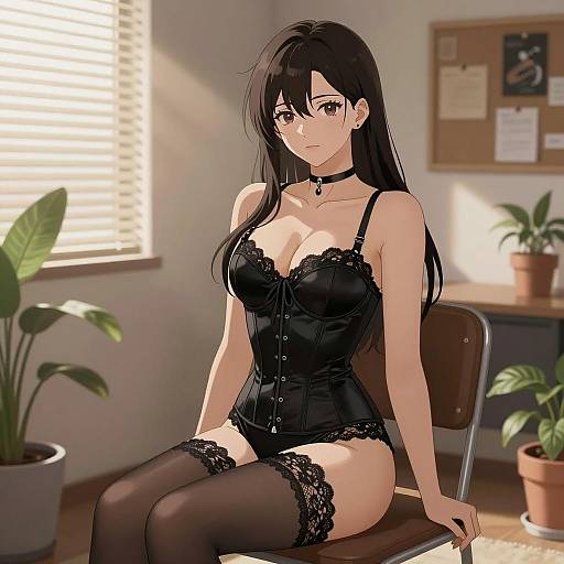 Anime Woman in Black Corset and Lace Stockings