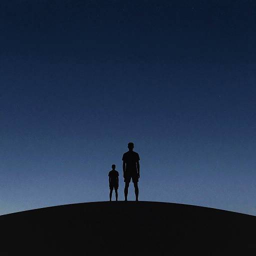 Silhouetted photograph of an adult and child standing on a hill against a twilight blue gradient sky, with a few stars visible.