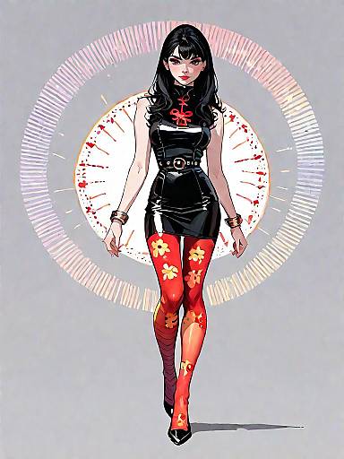 Stylish Woman in Black Mini Dress and Red Floral Tights