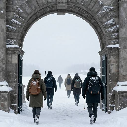 Photograph of seven people, bundled in winter coats and backpacks, walking through a snow-covered stone archway into a bright, snowy landscape.