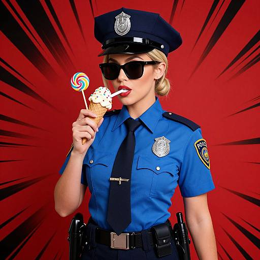 Photograph of a blonde, fair-skinned female police officer with sunglasses, blue uniform, and black tie, licking a lollipop with a swirl candy