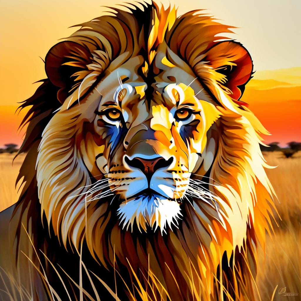 Surreal Lion Portrait with Sunset Elements