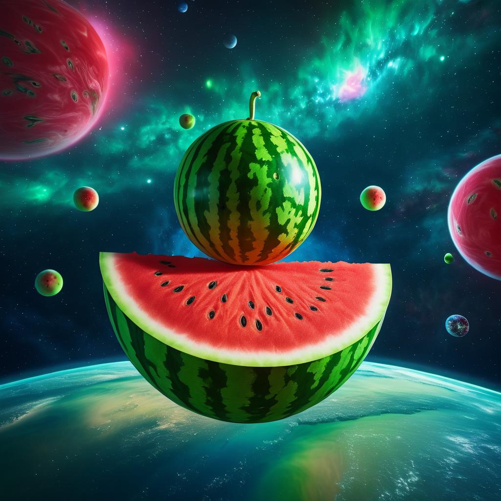 Whimsical Watermelon in Space Adventure