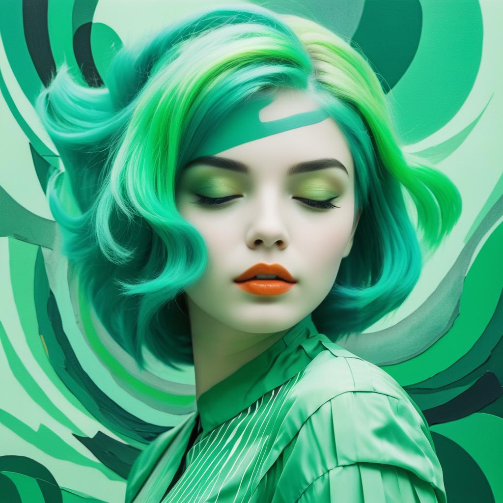 Surrealist Collage of a Green-Haired Girl