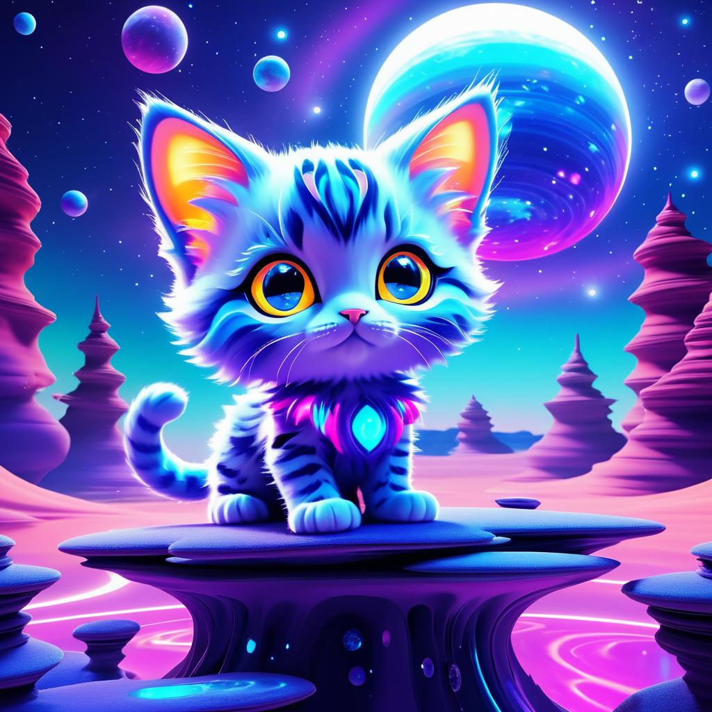 Whimsical Alien Kitten in Surreal Landscape