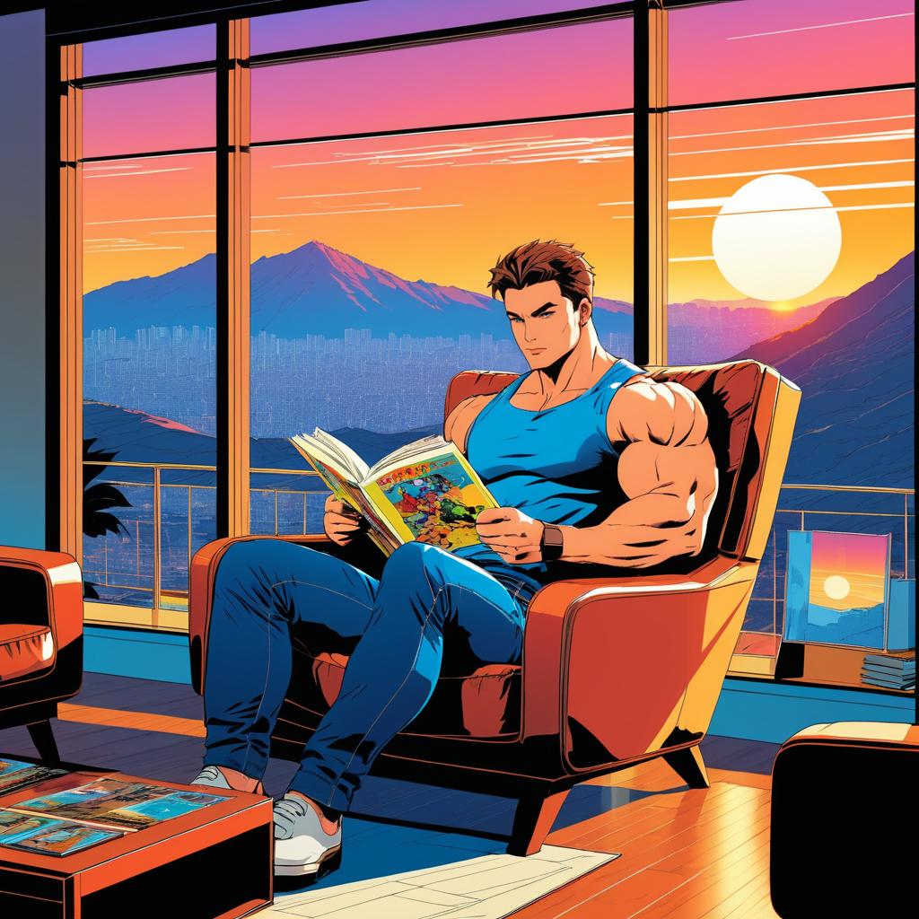 Muscular Man Reading at Sunset