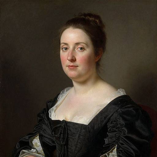 18th-century portrait of a fair-skinned woman with brown hair in a bun, wearing a black dress with white lace trim, against a dark background