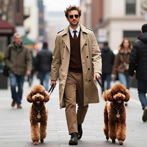 Stylish man walking with two brown poodles in city