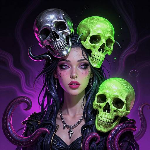 Digital artwork: Pale-skinned woman with dark hair, red lips, and glowing green skull adornments, surrounded by purple, glowing tentacles and neon