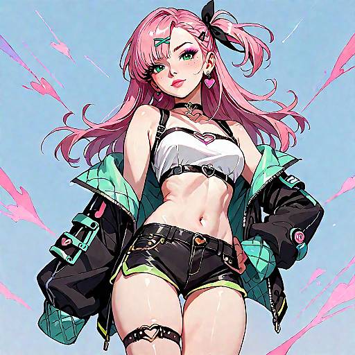 Anime Girl with Green Eyes and Pink Hair