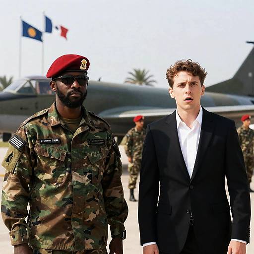 Two Men in Front of Military Airplane