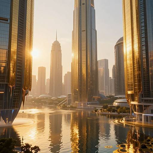 Sunset over a modern cityscape with tall glass skyscrapers reflecting golden light, a calm river in the foreground, and urban buildings in the background