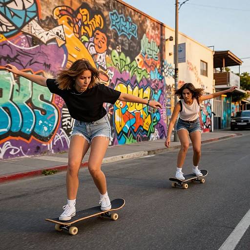 Photograph of two young women skateboarding on a colorful graffiti-covered urban street, wearing black and white tops, denim shorts, and white sneakers.