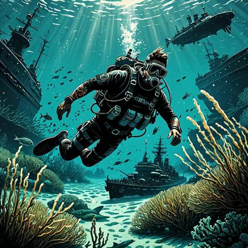 Graphic Novel Style Diver Swimming Near Submerged Battleships