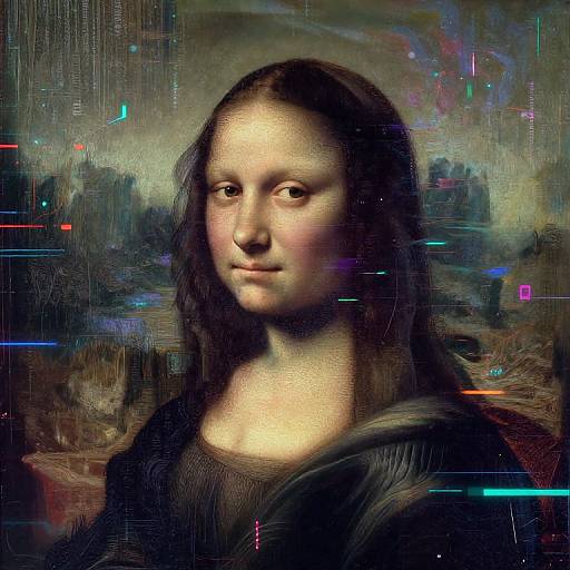 Digital artwork of Leonardo da Vinci's Mona Lisa with cybernetic elements, featuring colorful glitches and digital lines overlaying the classic portrait.