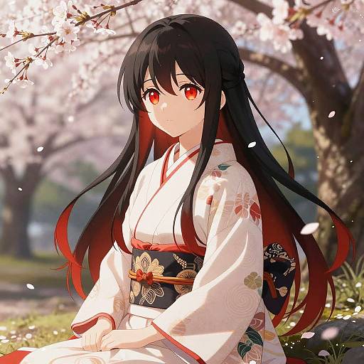 Anime-style digital artwork of a black-haired girl with red eyes in a white floral kimono, sitting under cherry blossoms.