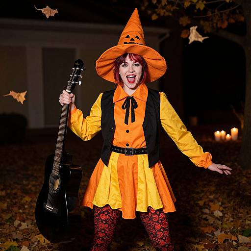 Photograph of a red-haired woman in an orange witch costume, holding an electric guitar, standing on autumn leaves at night.