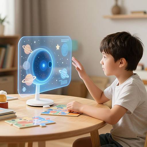 Photograph of an Asian boy with short black hair, in a white t-shirt, playing with a virtual, glowing space-themed tablet on a wooden table