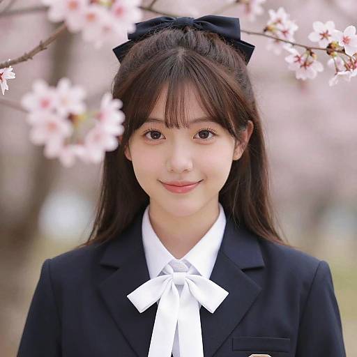 Young Woman in School Uniform with Cherry Blossoms