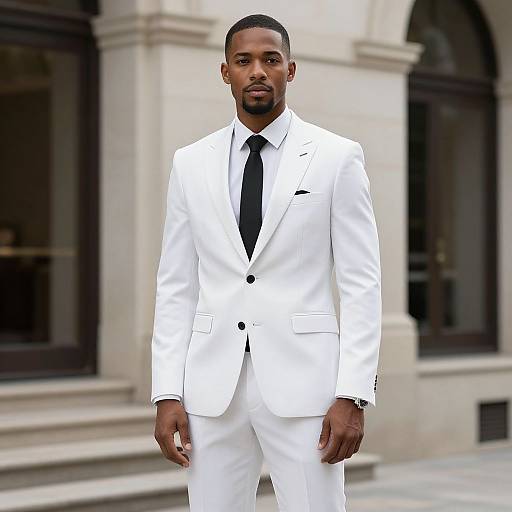 Photograph of a Black man with a short beard, in a sharp white suit with a black tie, standing confidently in front of a stone building.
