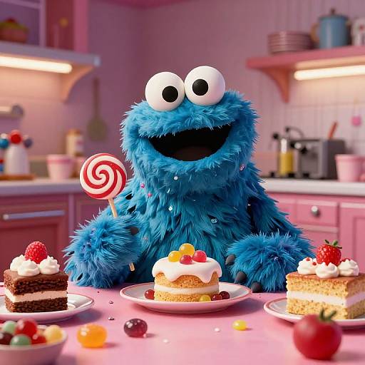 Whimsical Food Monster in Retro Kitchen