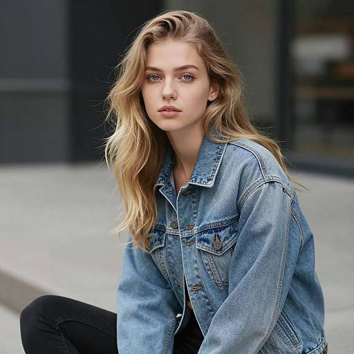 Photograph of a young blonde woman with wavy hair, blue eyes, wearing a light blue denim jacket and black pants, sitting outdoors with a city
