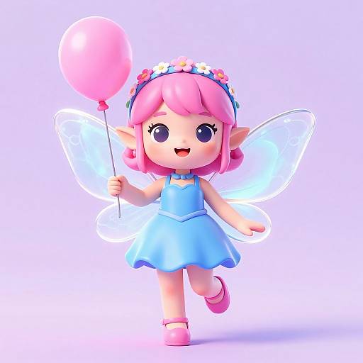 Cute digital chibi fairy with pink hair, blue dress, flower crown, translucent wings, holding pink balloon, smiling, walking pose.
