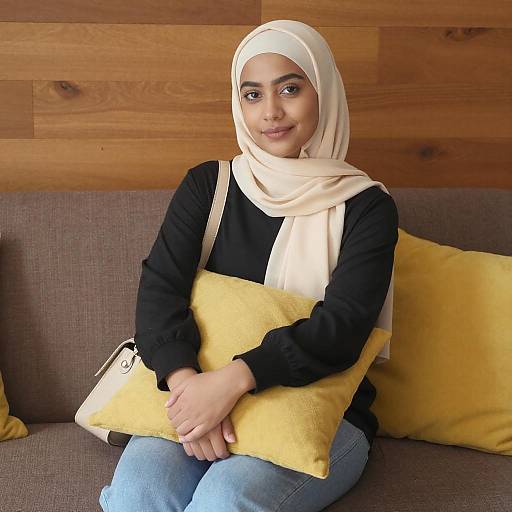Young Woman in Beige Hijab on Couch