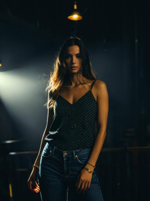 Casual Chic Woman in Polka Dot Camisole and Denim Jeans