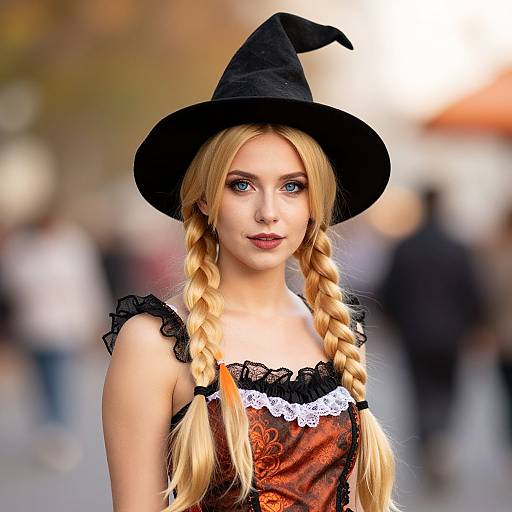 Photograph of a young woman with long blonde braids, wearing a black witch hat and a red, lace-trimmed corset, standing in