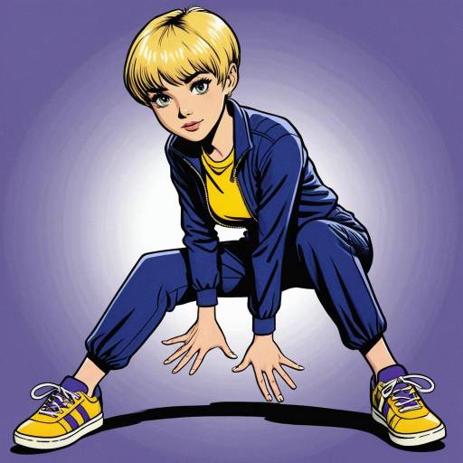 Cartoon Girl in Navy Jumpsuit and Yellow Sneakers