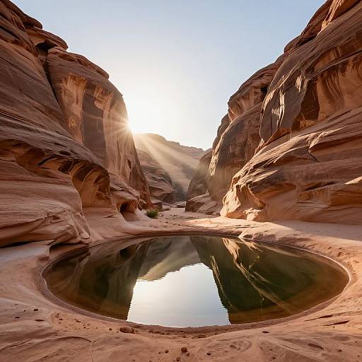 Photograph of a narrow, sunlit sandstone canyon with a reflective, circular puddle in the center, surrounded by towering, eroded rock formations