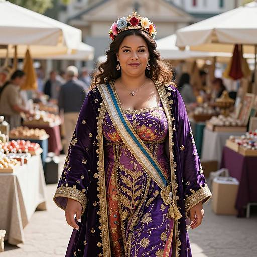 Photograph of a curvy, middle-aged woman with dark hair, wearing an ornate purple and gold traditional dress, floral crown, and sash
