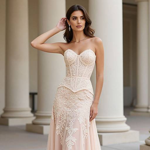 Photograph of a brunette woman in an elegant, strapless, lace wedding gown with a corset, standing in a classical, columned hall.