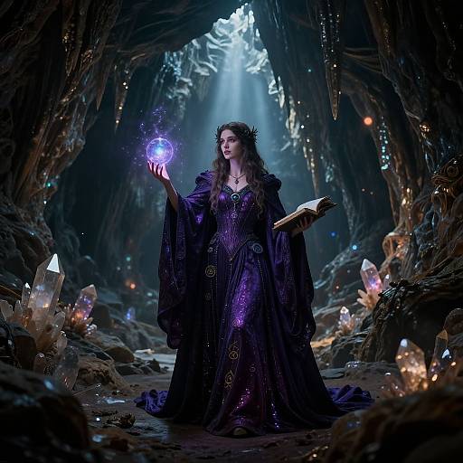 Fantasy photograph of a mystical woman in a dark purple, ornate dress, holding a glowing blue orb, standing in a cave illuminated by crystals and